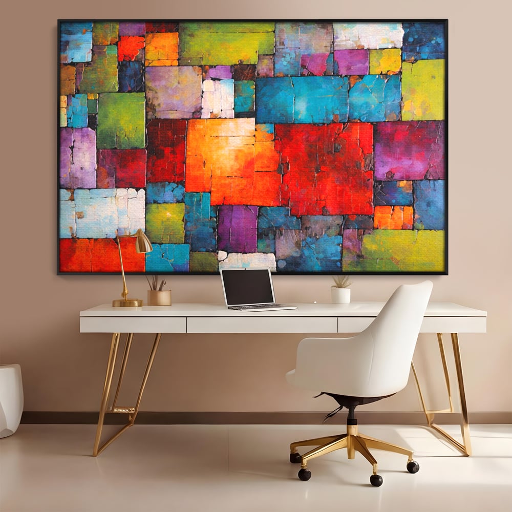 Tablou canvas cu tablou canvas cu mozaic geometric colorat, in rama de aluminiu negru, pe perete intr-un birou